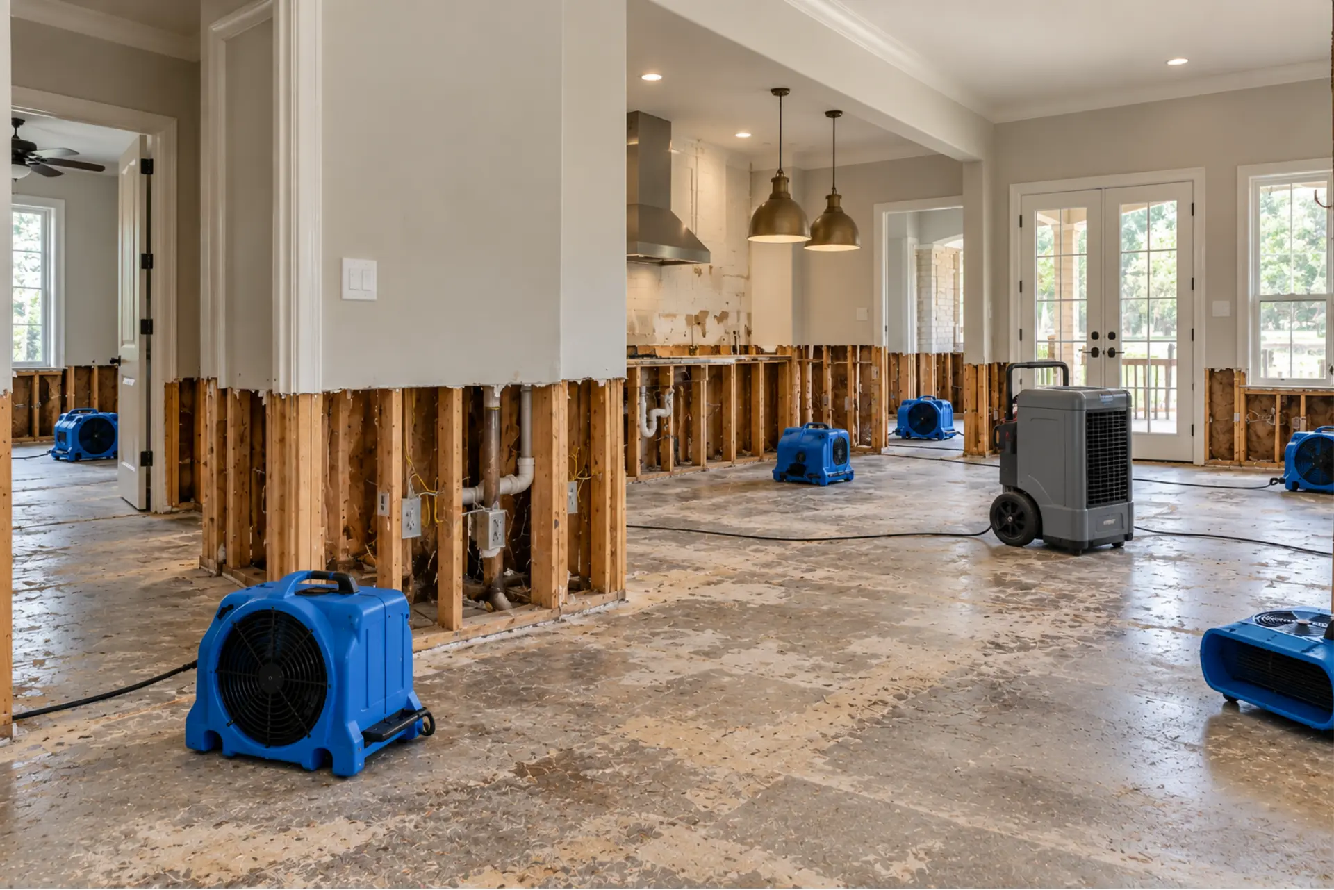 Home interior during water damage restoration with drying fans and a dehumidifier