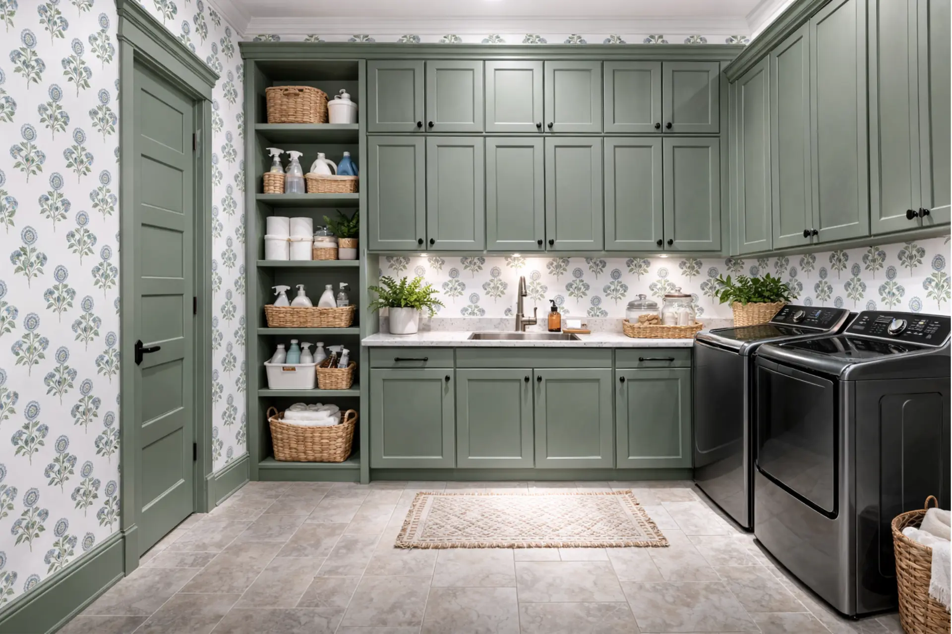 Laundry room with green cabinetry, open shelving, and front-load washer and dryer
