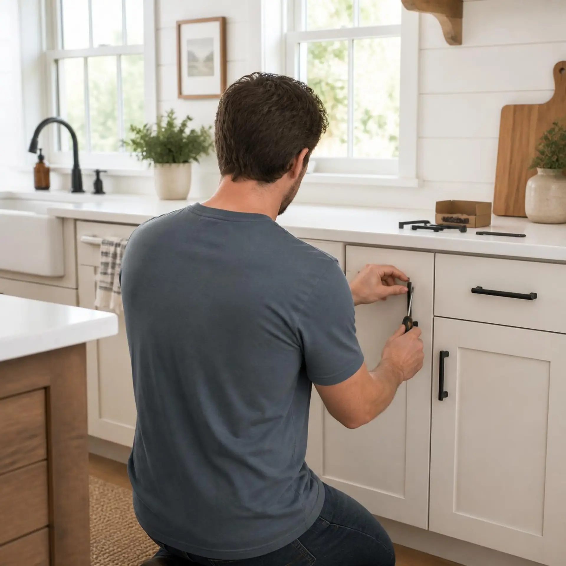 Installing cabinet hardware in a bright kitchen