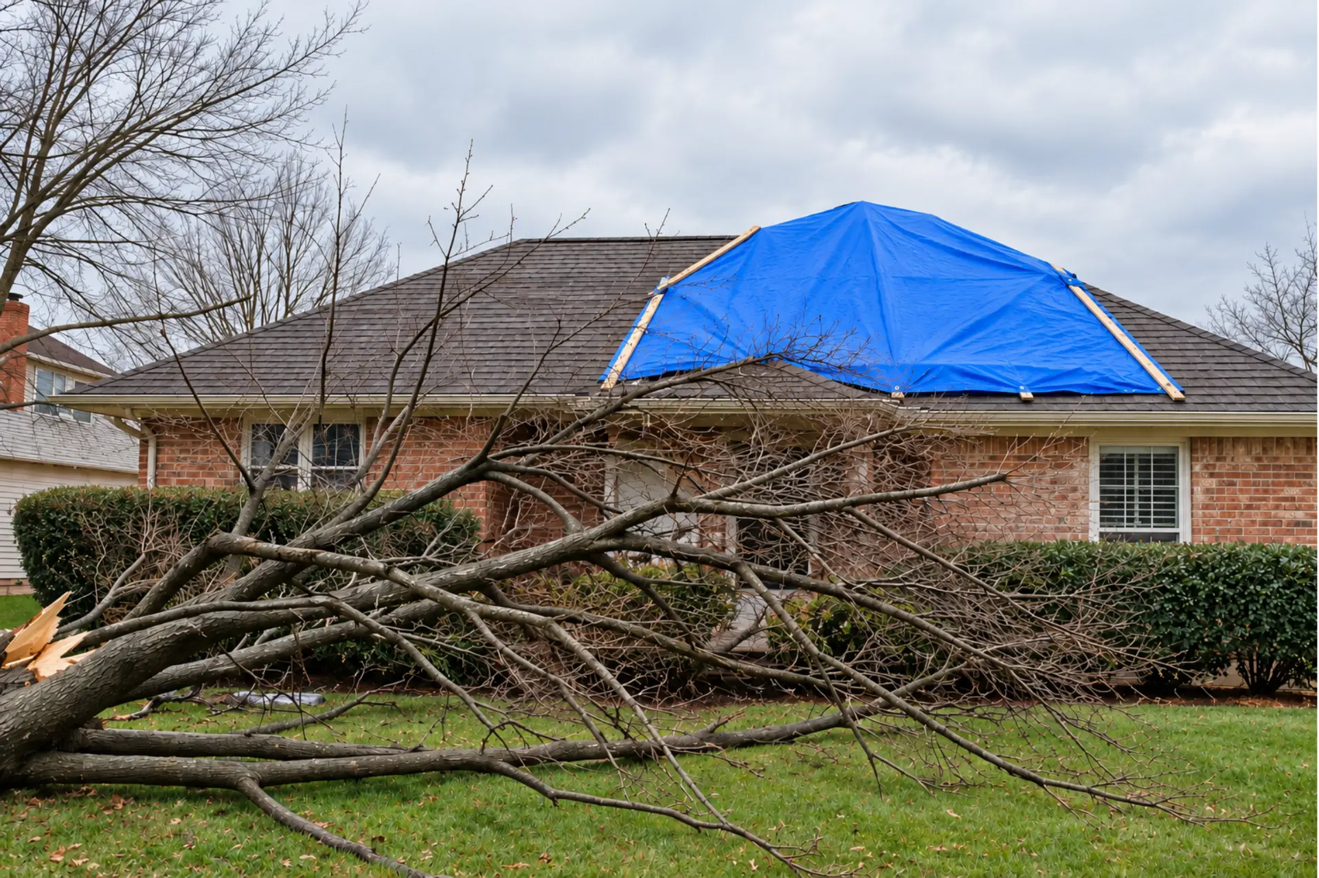 Storm-damaged brick home with a fallen tree in the front yard and a blue tarp secured over the roof