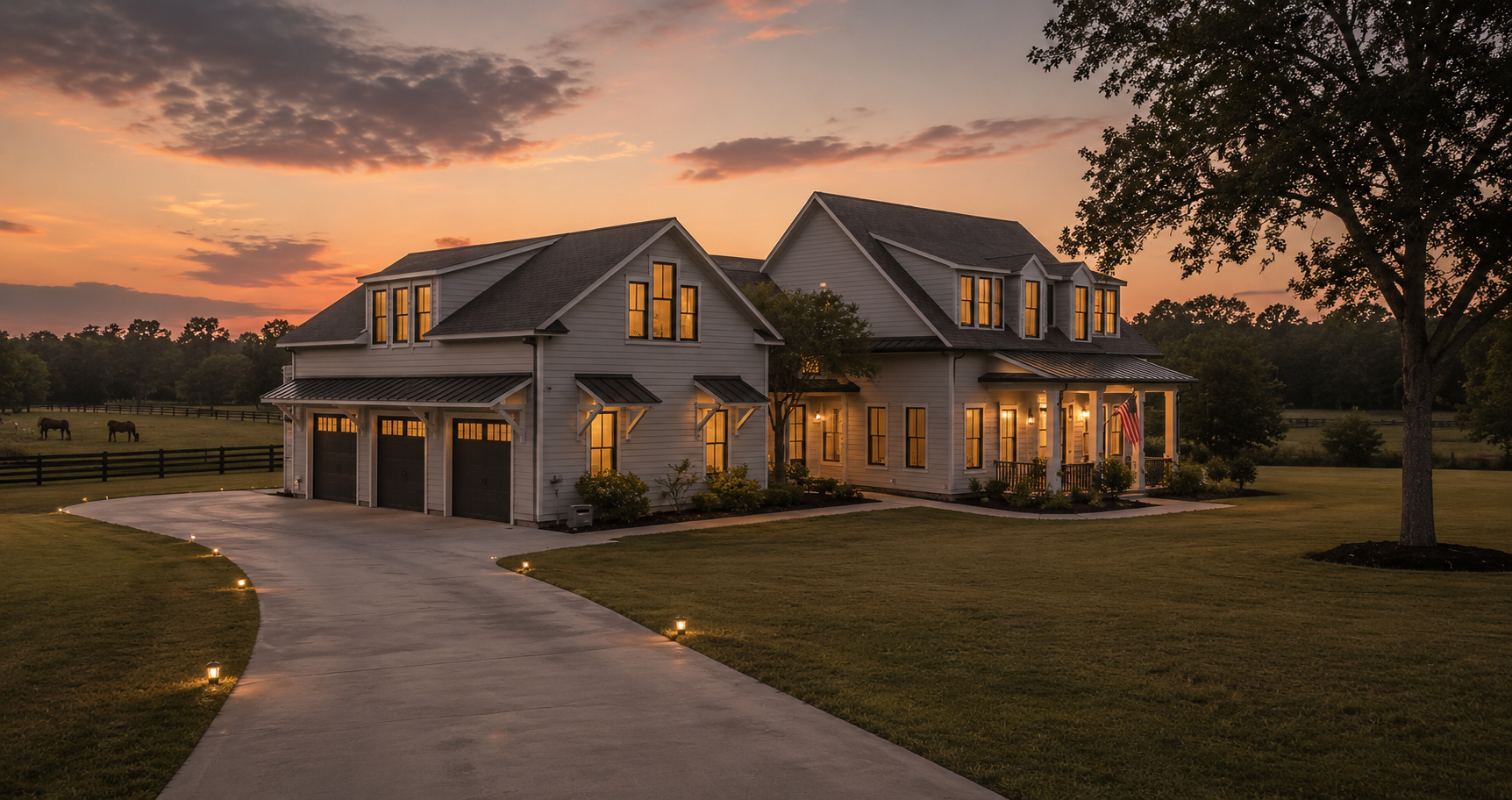 Modern farmhouse at dusk with a three-car garage and warm interior lighting in Conroe, TX