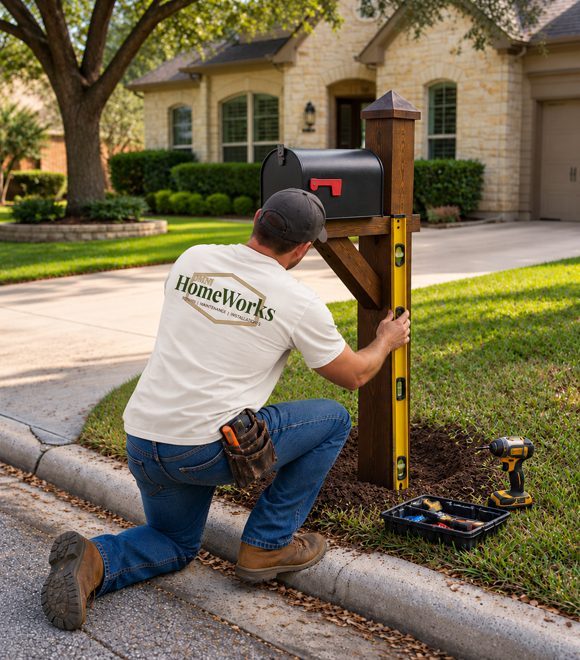 OMNI HomeWorks technician leveling a new mailbox post at the curb