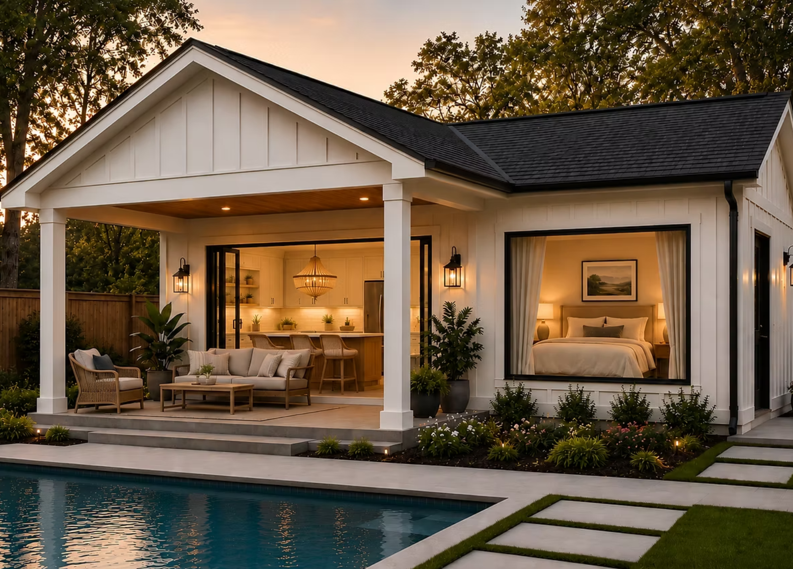 Pool house with covered seating area
