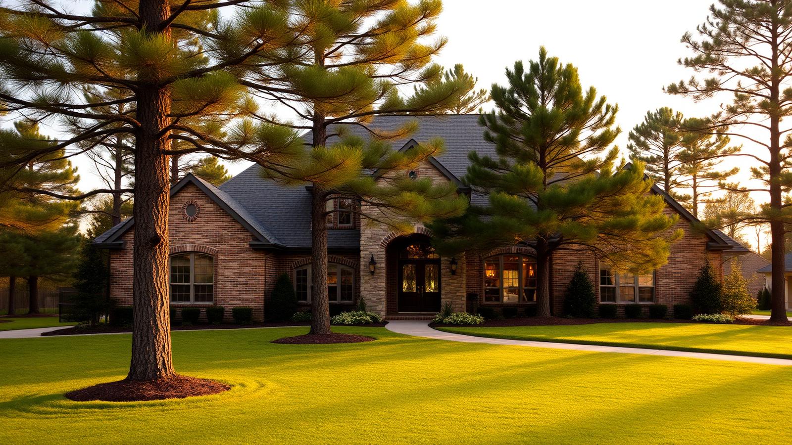 Brick and stone home set among tall pine trees at sunset